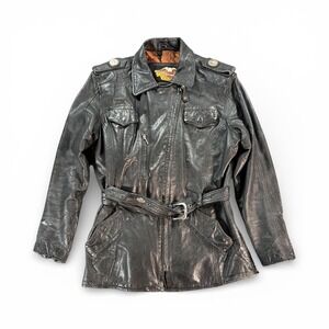 Vintage Harley Davidson Jacket Womens Medium Black Belted Leather Moto Biker 90s